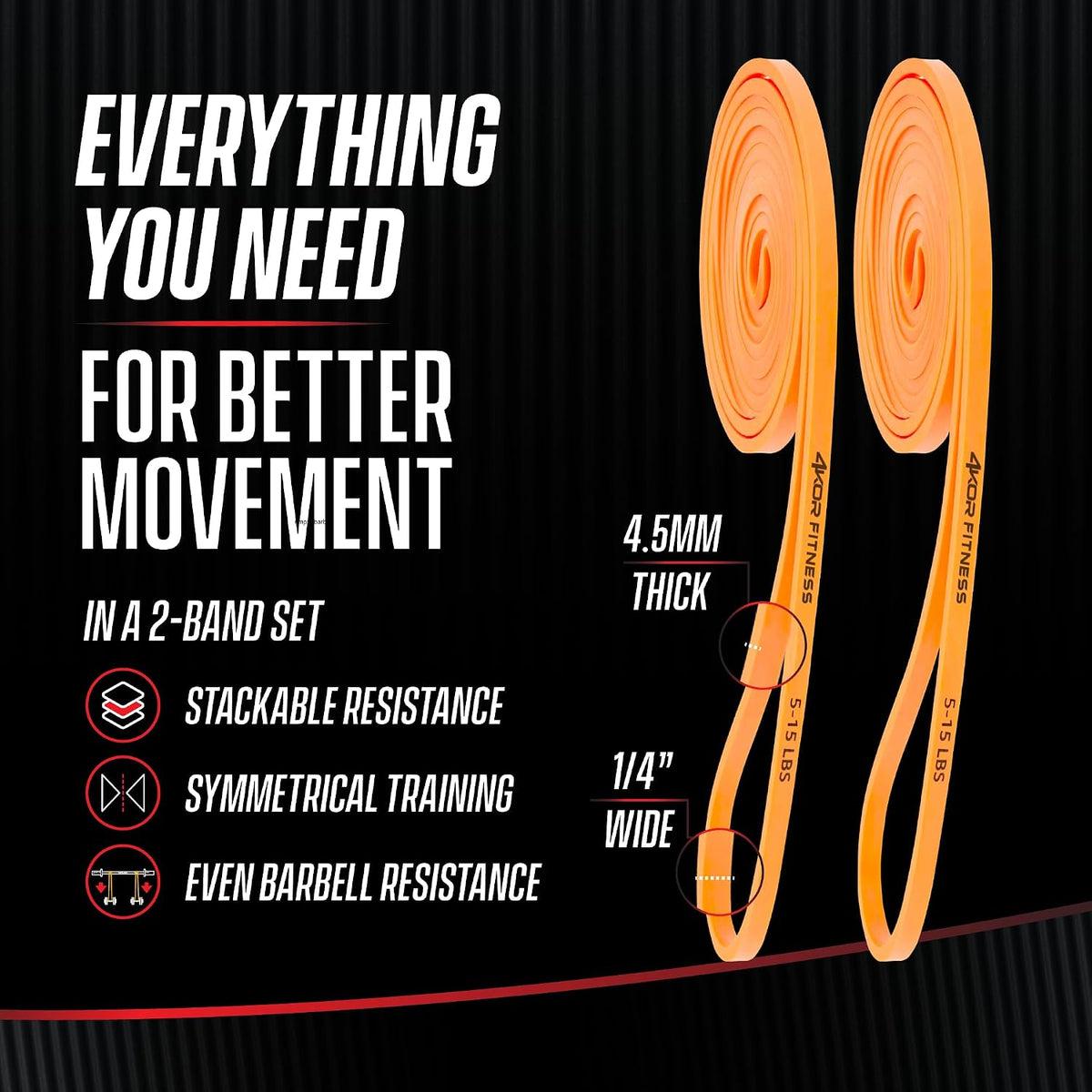4KOR 41” Resistance Band 2-Pack – 5–15 Lb Exercise Bands with a Satisfying Stretch from Sri Lankan Latex – Long Fitness Loops for Physical Therapy, Stretching, Workout or Light Pull-Up Assistance