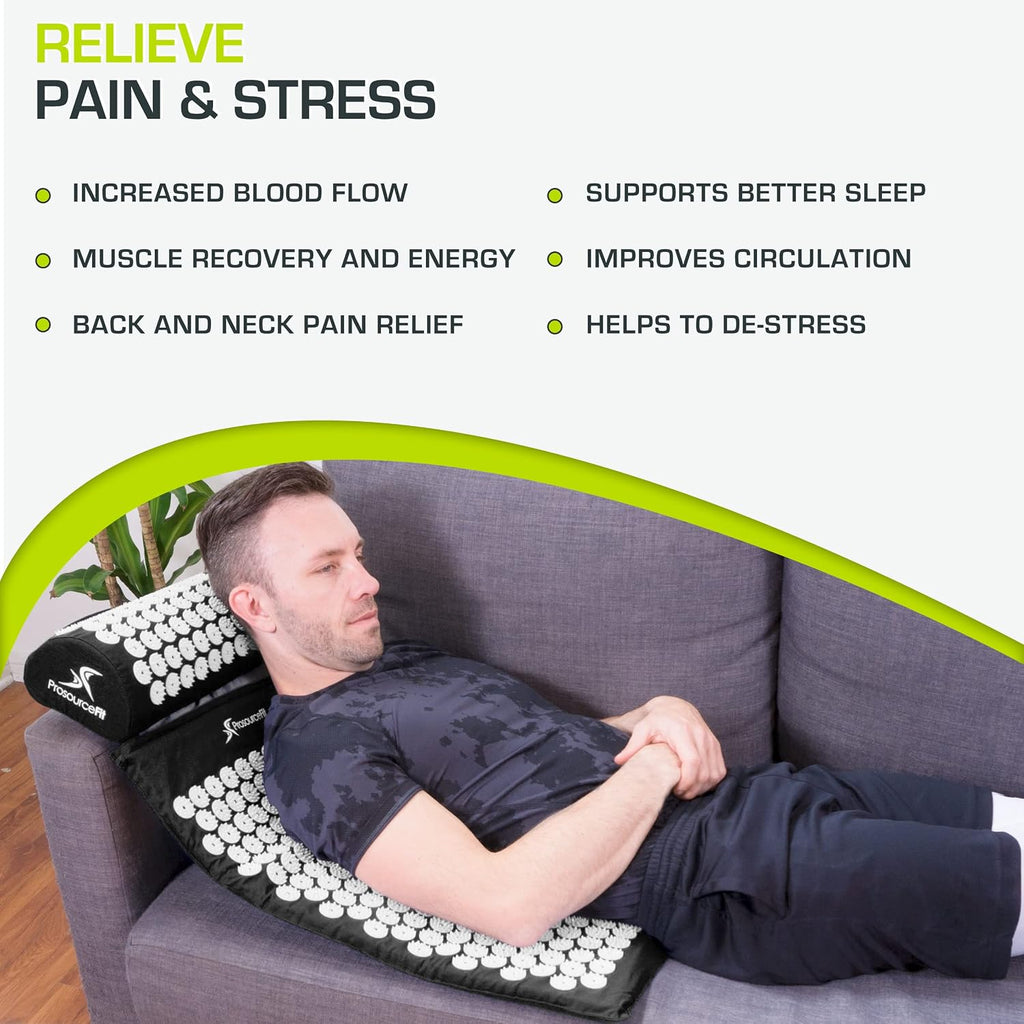 fit Acupressure Mat and Pillow Set for Back/Neck Pain Relief and Muscle Relaxation, Black