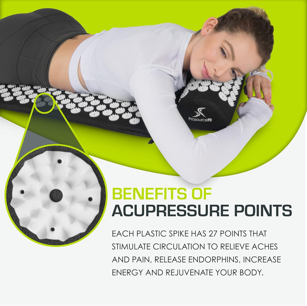 fit Acupressure Mat and Pillow Set for Back/Neck Pain Relief and Muscle Relaxation, Black